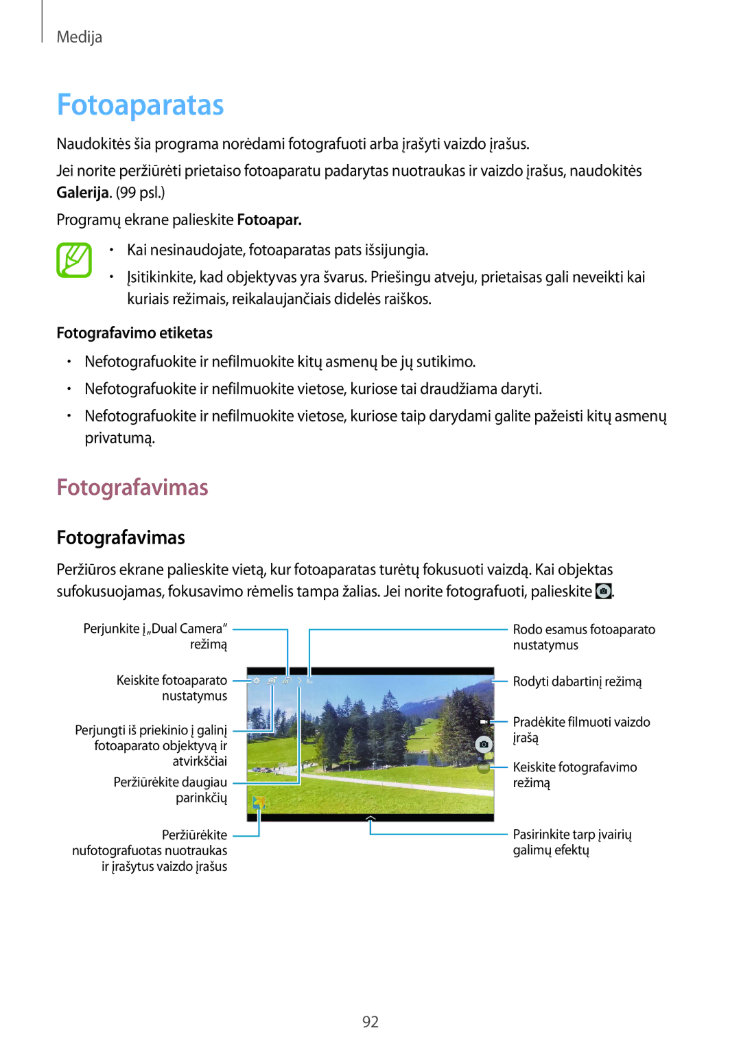 Samsung SM-P9000ZKASEB, SM-P9000ZWASEB manual Fotoaparatas, Fotografavimas, Fotografavimo etiketas 