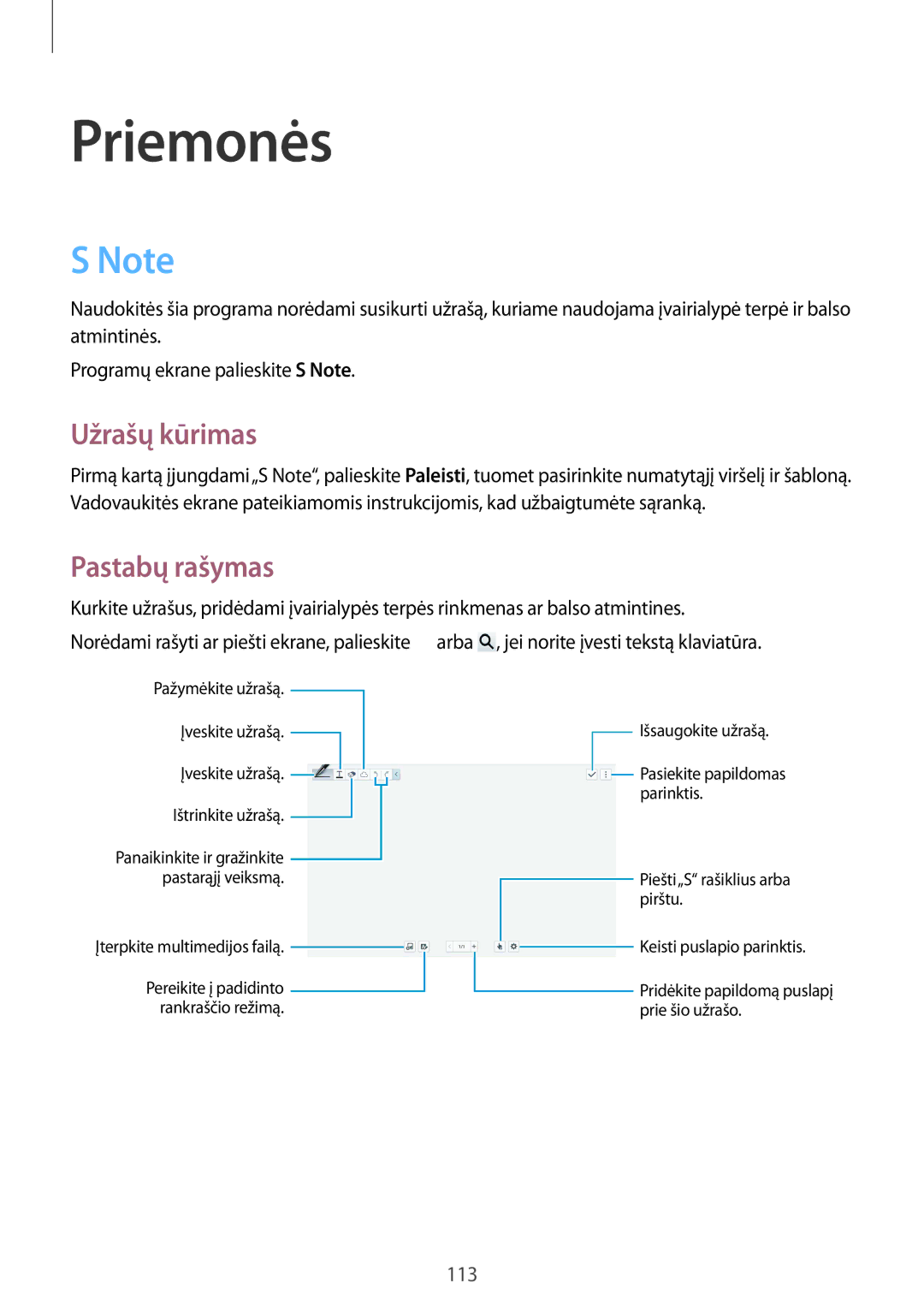 Samsung SM-P9000ZWASEB, SM-P9000ZKASEB manual Užrašų kūrimas, Pastabų rašymas 