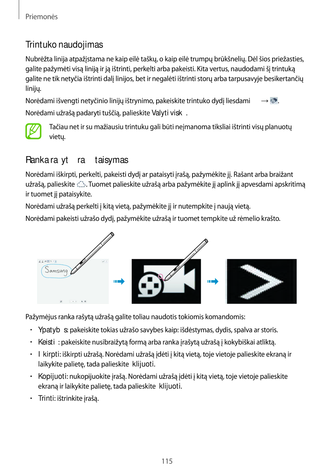 Samsung SM-P9000ZWASEB, SM-P9000ZKASEB manual Trintuko naudojimas, Ranka rašytų įrašų taisymas 