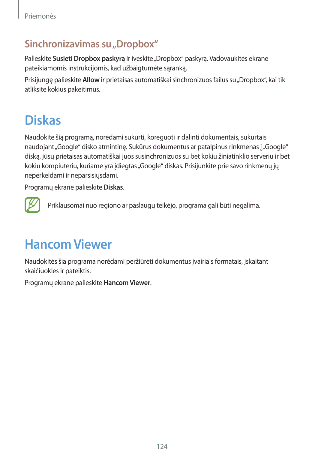 Samsung SM-P9000ZKASEB, SM-P9000ZWASEB manual Diskas, Hancom Viewer, Sinchronizavimas su„Dropbox 