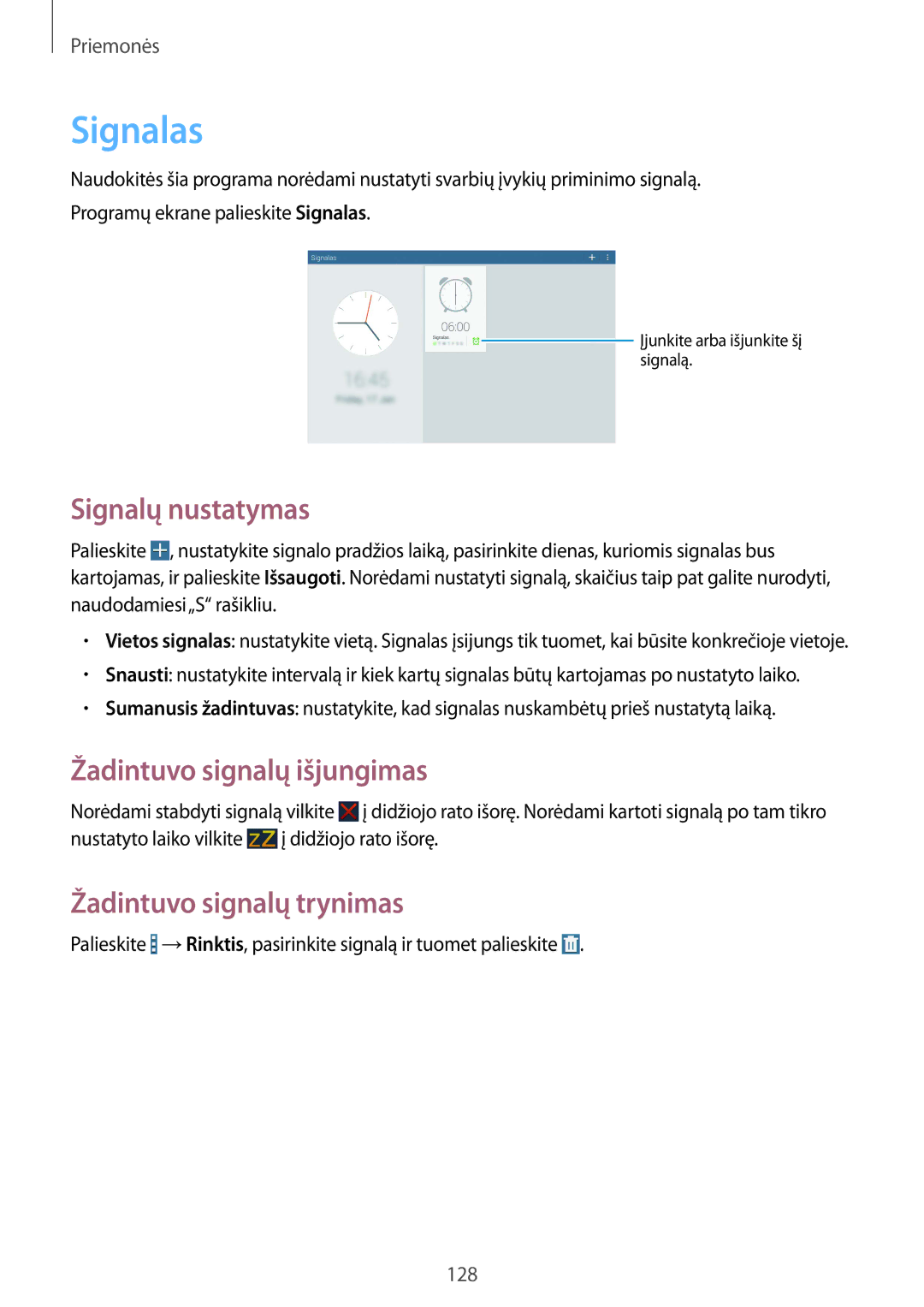 Samsung SM-P9000ZKASEB manual Signalas, Signalų nustatymas, Žadintuvo signalų išjungimas, Žadintuvo signalų trynimas 