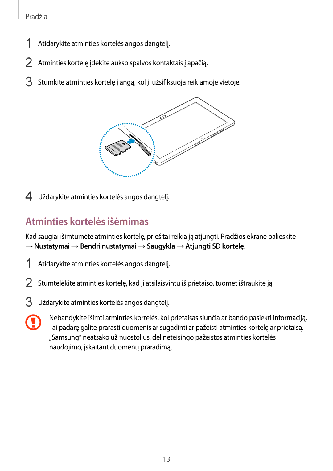 Samsung SM-P9000ZWASEB, SM-P9000ZKASEB manual Atminties kortelės išėmimas 