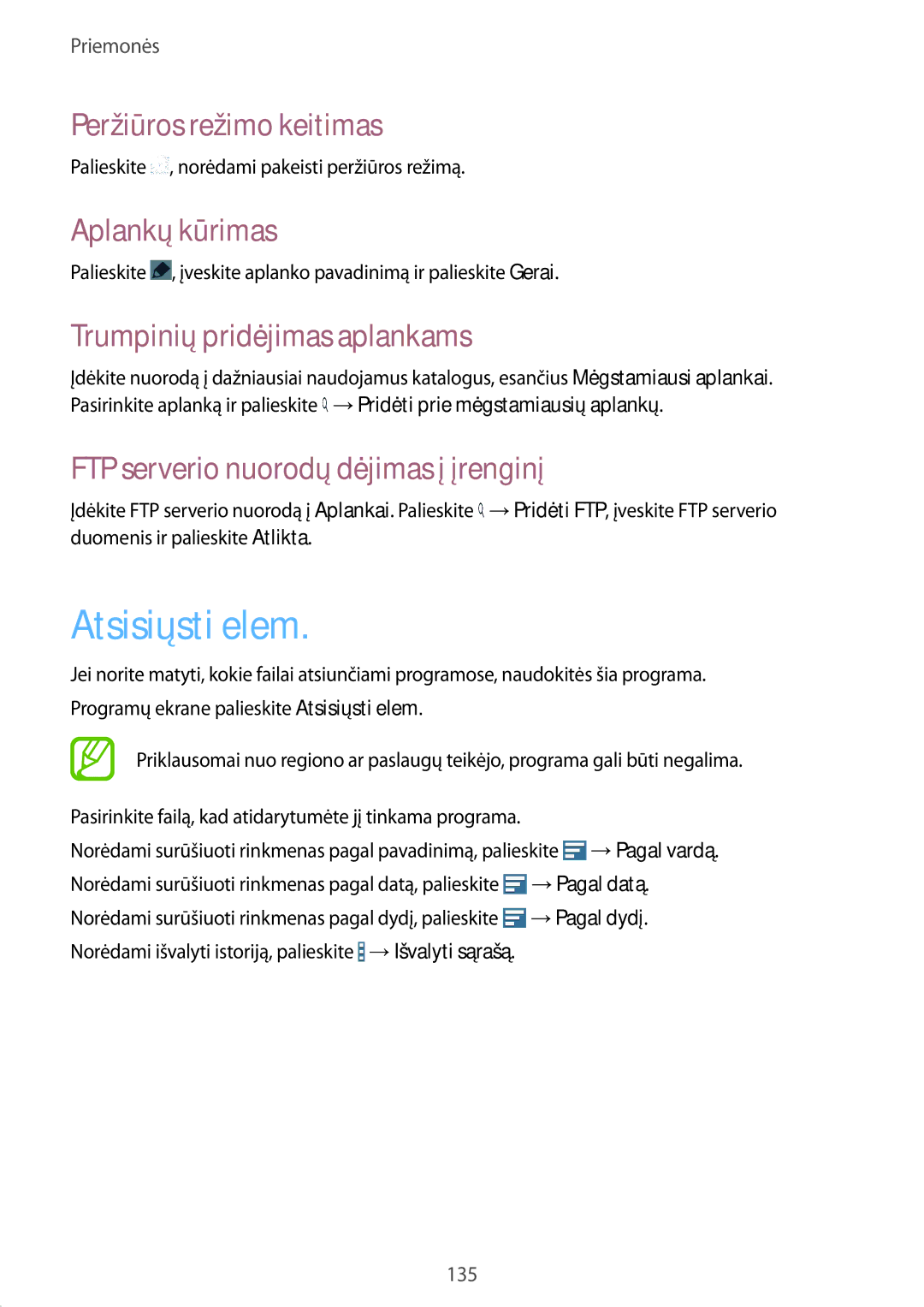 Samsung SM-P9000ZWASEB manual Atsisiųsti elem, Peržiūros režimo keitimas, Aplankų kūrimas, Trumpinių pridėjimas aplankams 