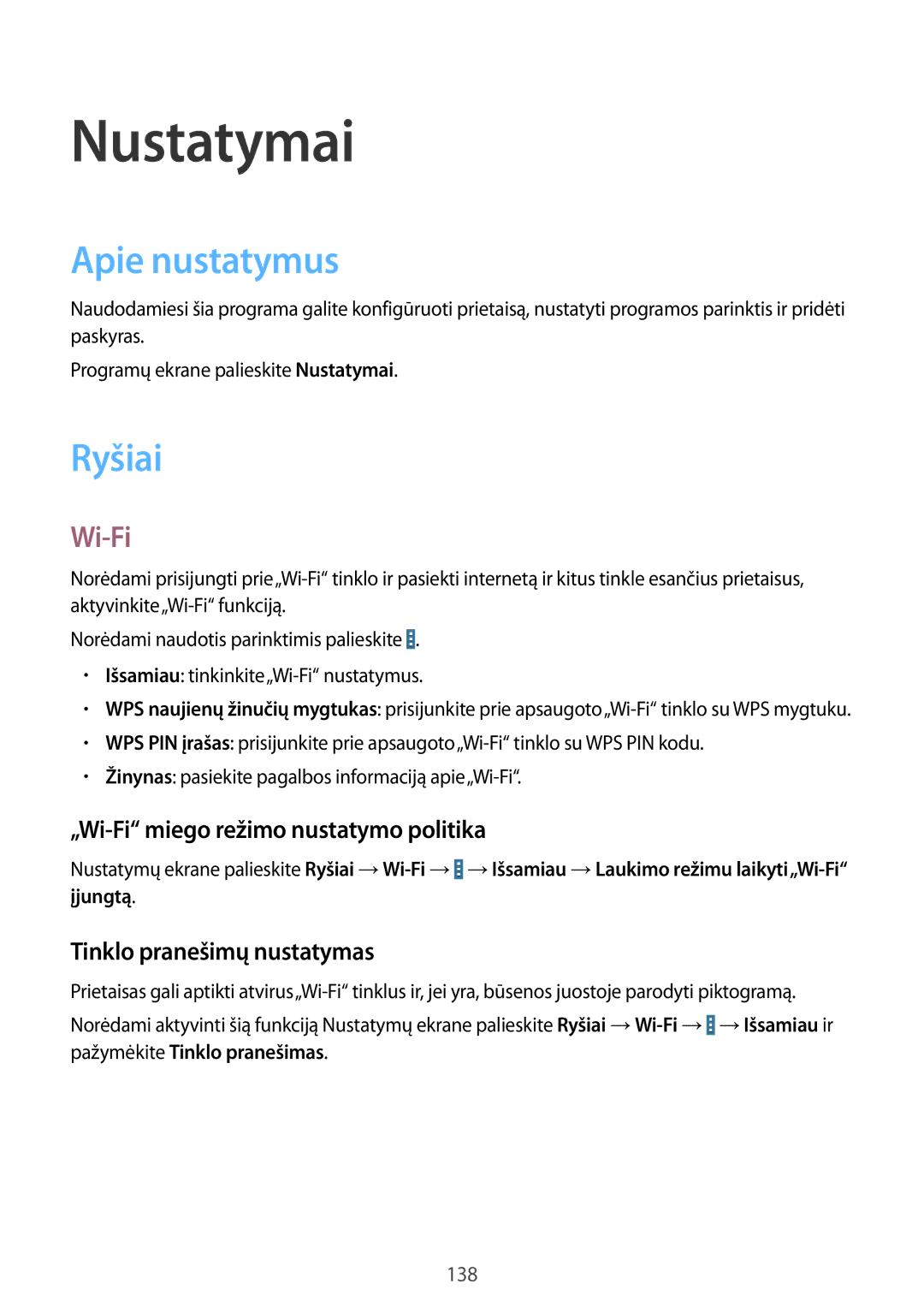 Samsung SM-P9000ZKASEB Apie nustatymus, Ryšiai, „Wi-Fi miego režimo nustatymo politika, Tinklo pranešimų nustatymas 