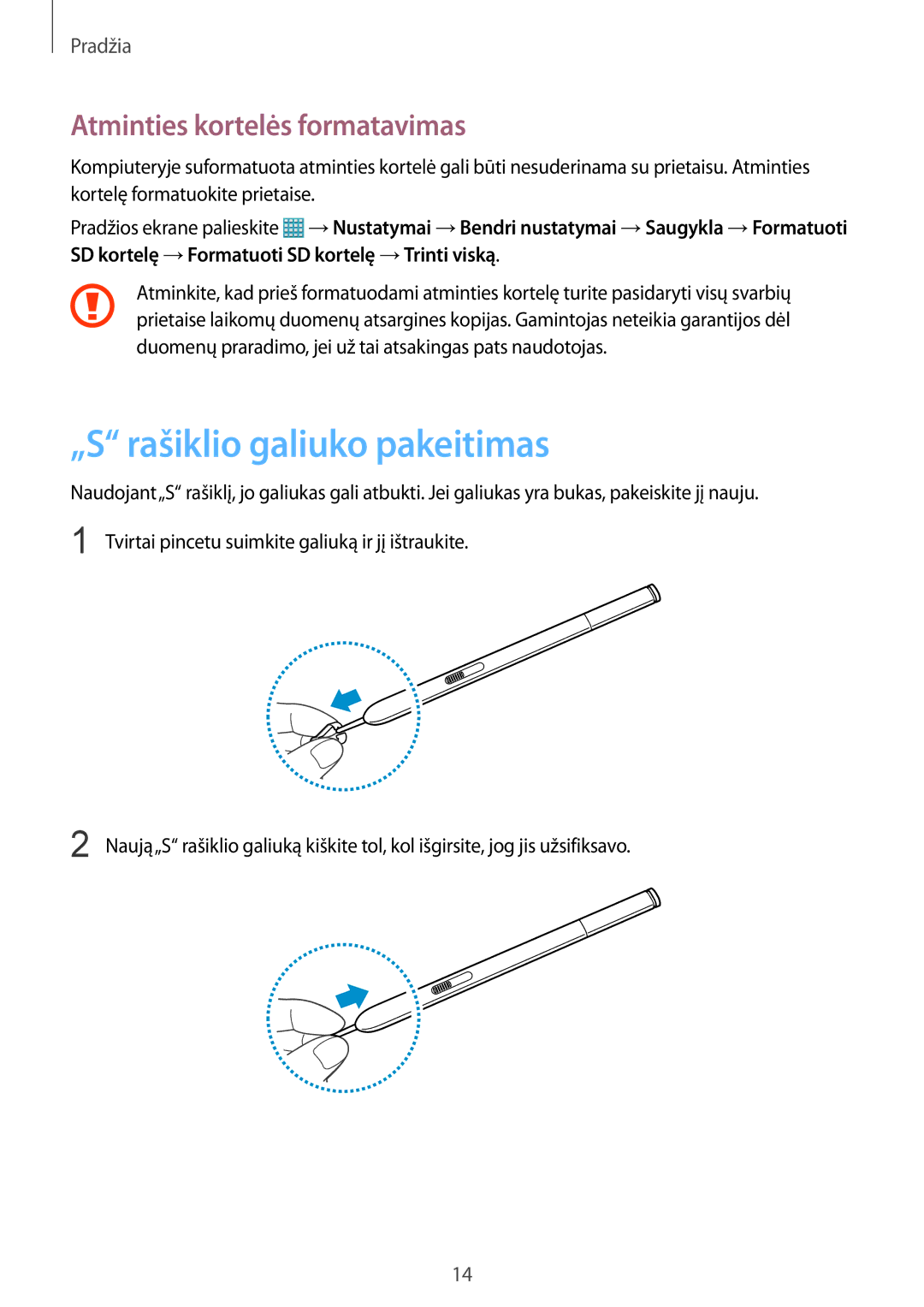 Samsung SM-P9000ZKASEB, SM-P9000ZWASEB manual „S rašiklio galiuko pakeitimas, Atminties kortelės formatavimas 