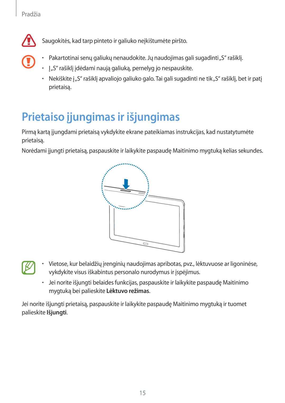 Samsung SM-P9000ZWASEB, SM-P9000ZKASEB manual Prietaiso įjungimas ir išjungimas 