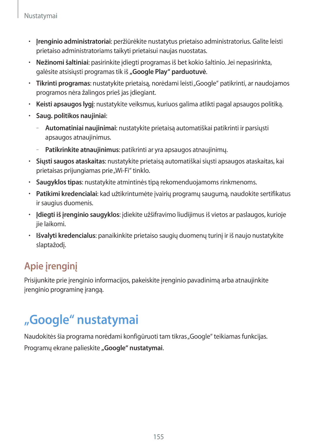 Samsung SM-P9000ZWASEB, SM-P9000ZKASEB manual „Google nustatymai, Apie įrenginį, Saug. politikos naujiniai 