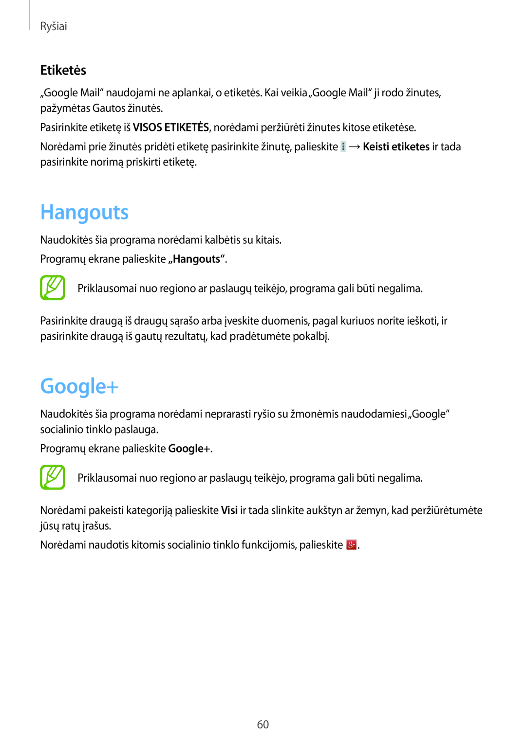 Samsung SM-P9000ZKASEB, SM-P9000ZWASEB manual Hangouts, Google+, Etiketės 