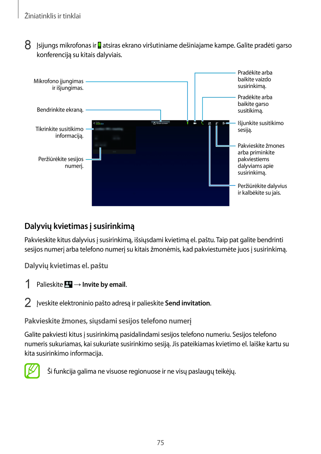 Samsung SM-P9000ZWASEB, SM-P9000ZKASEB manual Dalyvių kvietimas į susirinkimą, Palieskite →Invite by email 