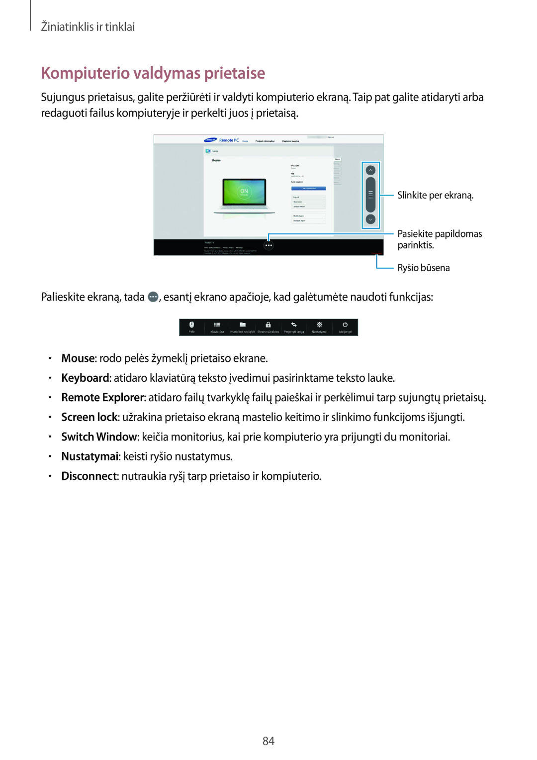 Samsung SM-P9000ZKASEB, SM-P9000ZWASEB manual Kompiuterio valdymas prietaise 