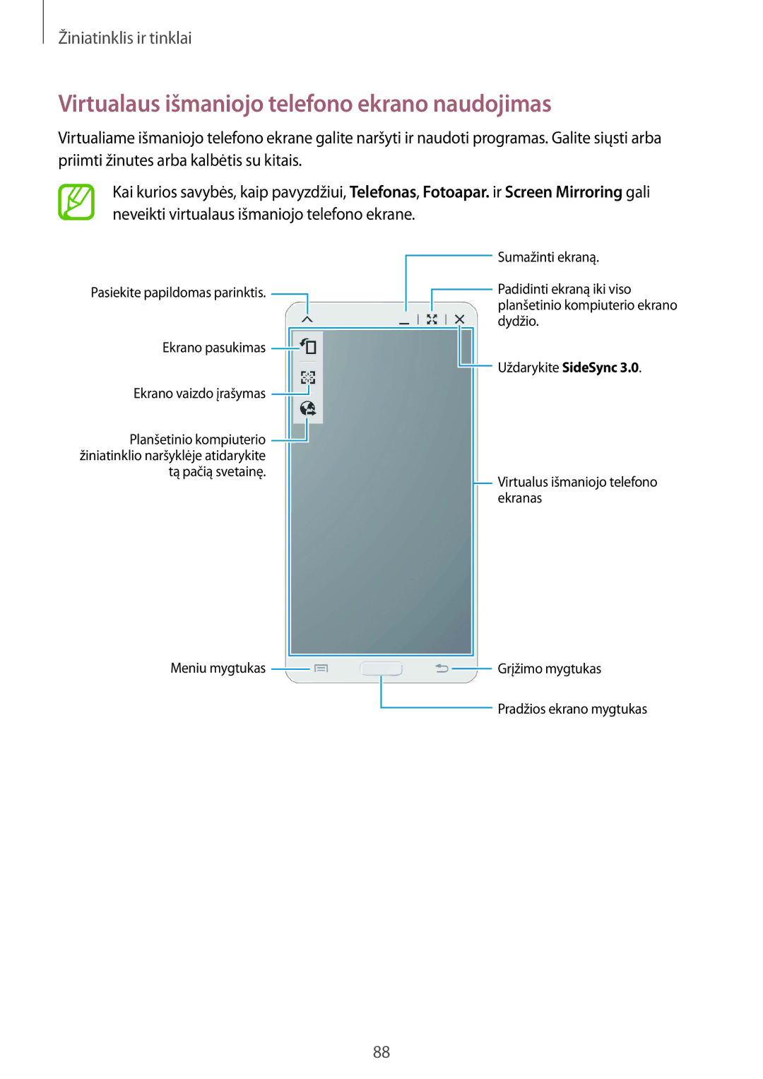 Samsung SM-P9000ZKASEB, SM-P9000ZWASEB manual Virtualaus išmaniojo telefono ekrano naudojimas 