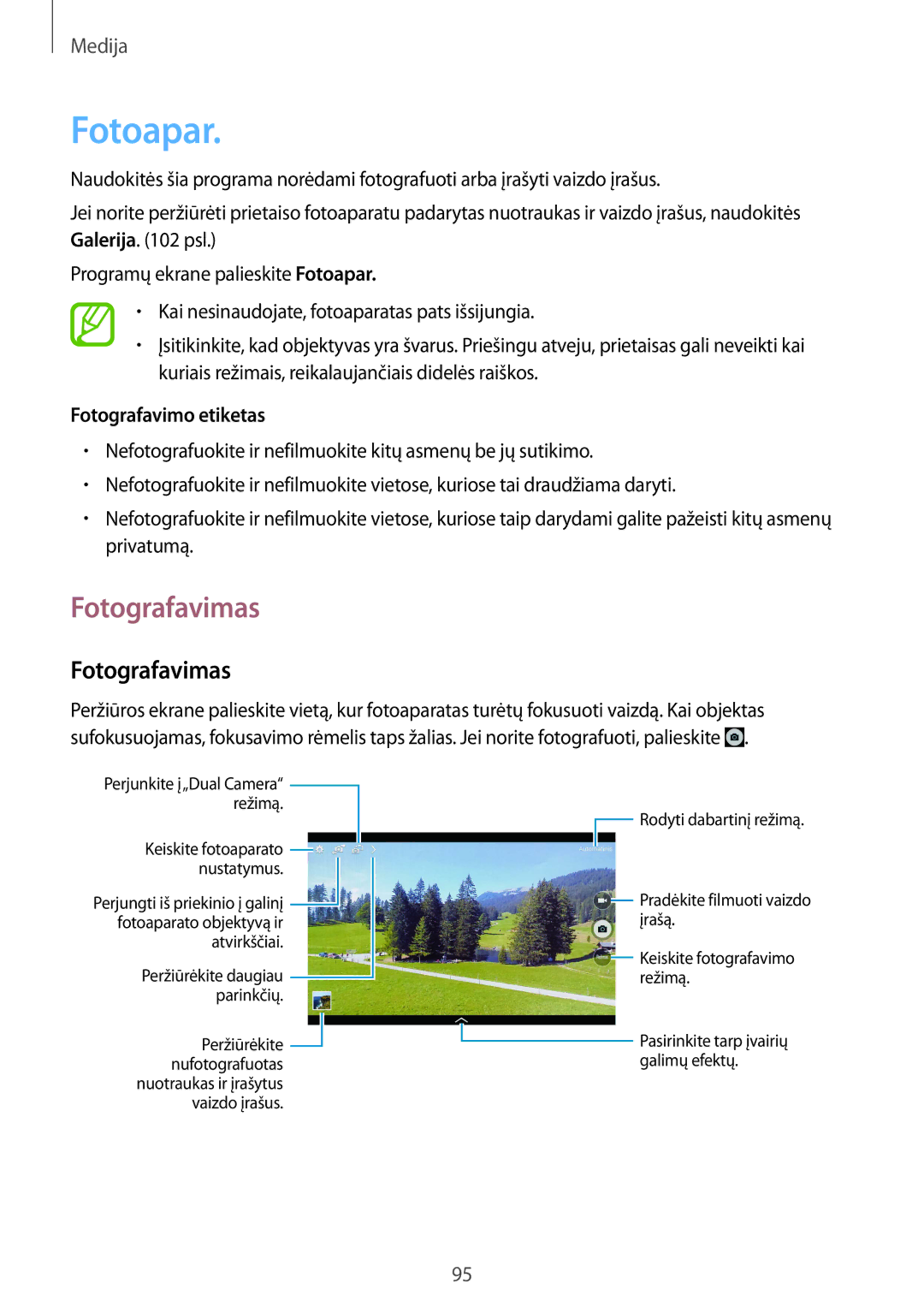 Samsung SM-P9000ZWASEB, SM-P9000ZKASEB manual Fotoapar, Fotografavimas, Fotografavimo etiketas 