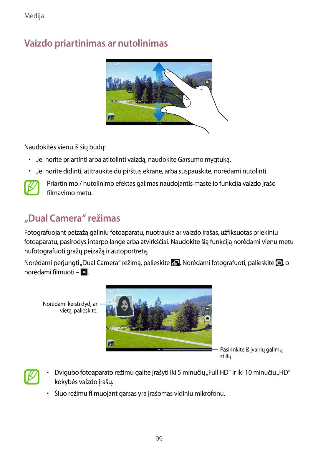 Samsung SM-P9000ZWASEB, SM-P9000ZKASEB manual Vaizdo priartinimas ar nutolinimas, „Dual Camera režimas 