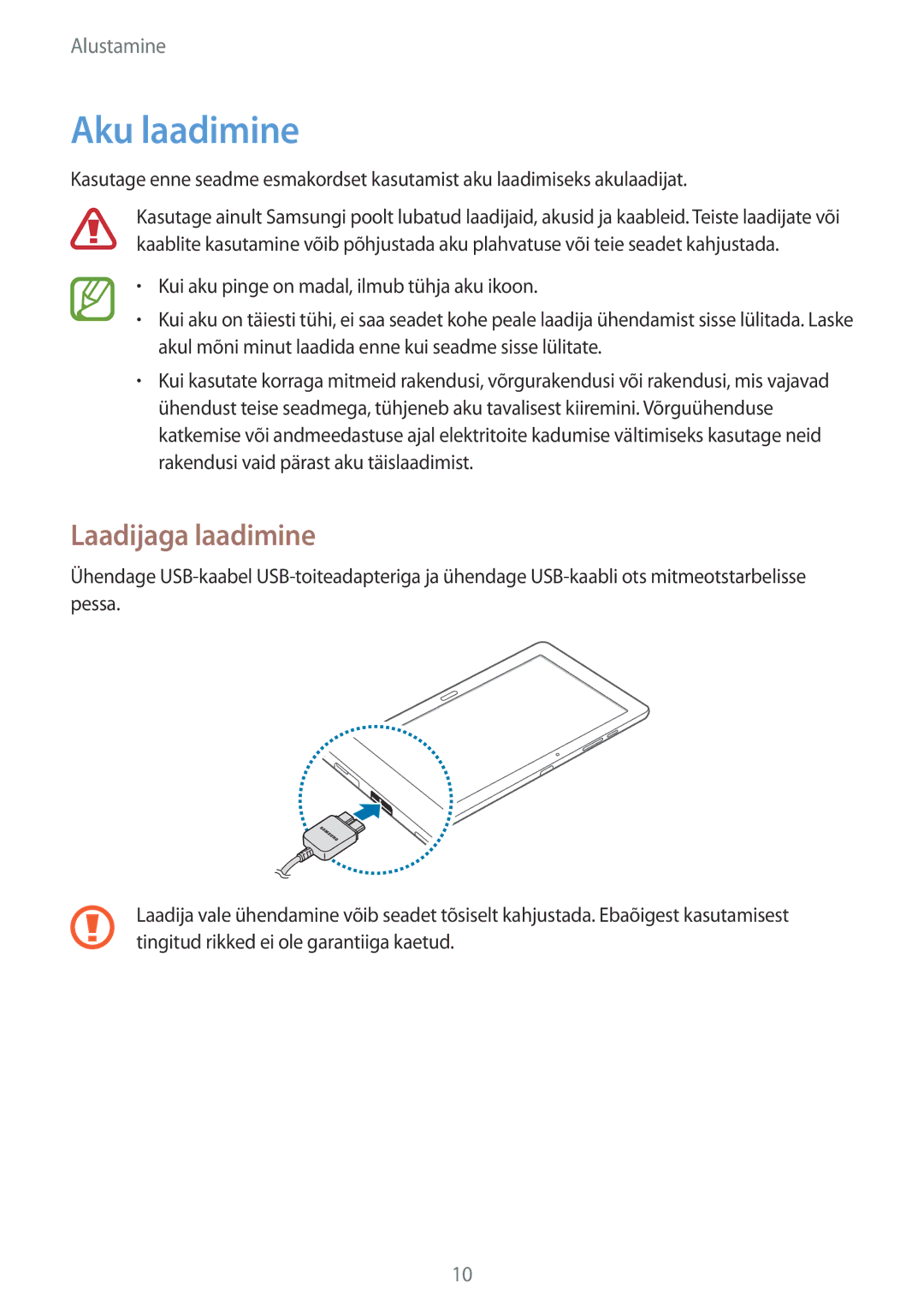 Samsung SM-P9000ZKASEB, SM-P9000ZWASEB manual Aku laadimine, Laadijaga laadimine 