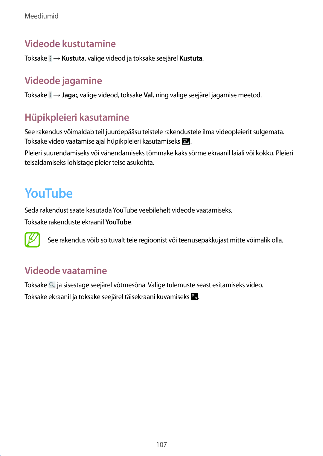 Samsung SM-P9000ZWASEB manual YouTube, Videode kustutamine, Videode jagamine, Hüpikpleieri kasutamine, Videode vaatamine 