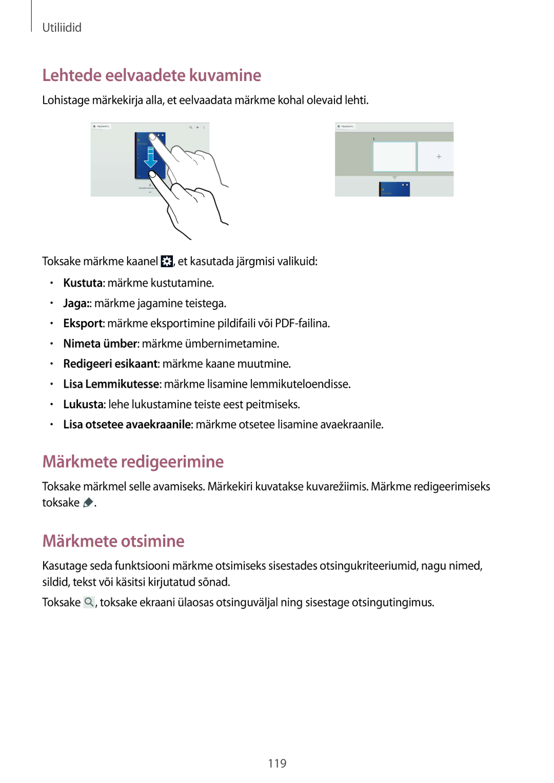 Samsung SM-P9000ZWASEB, SM-P9000ZKASEB manual Lehtede eelvaadete kuvamine, Märkmete redigeerimine, Märkmete otsimine 