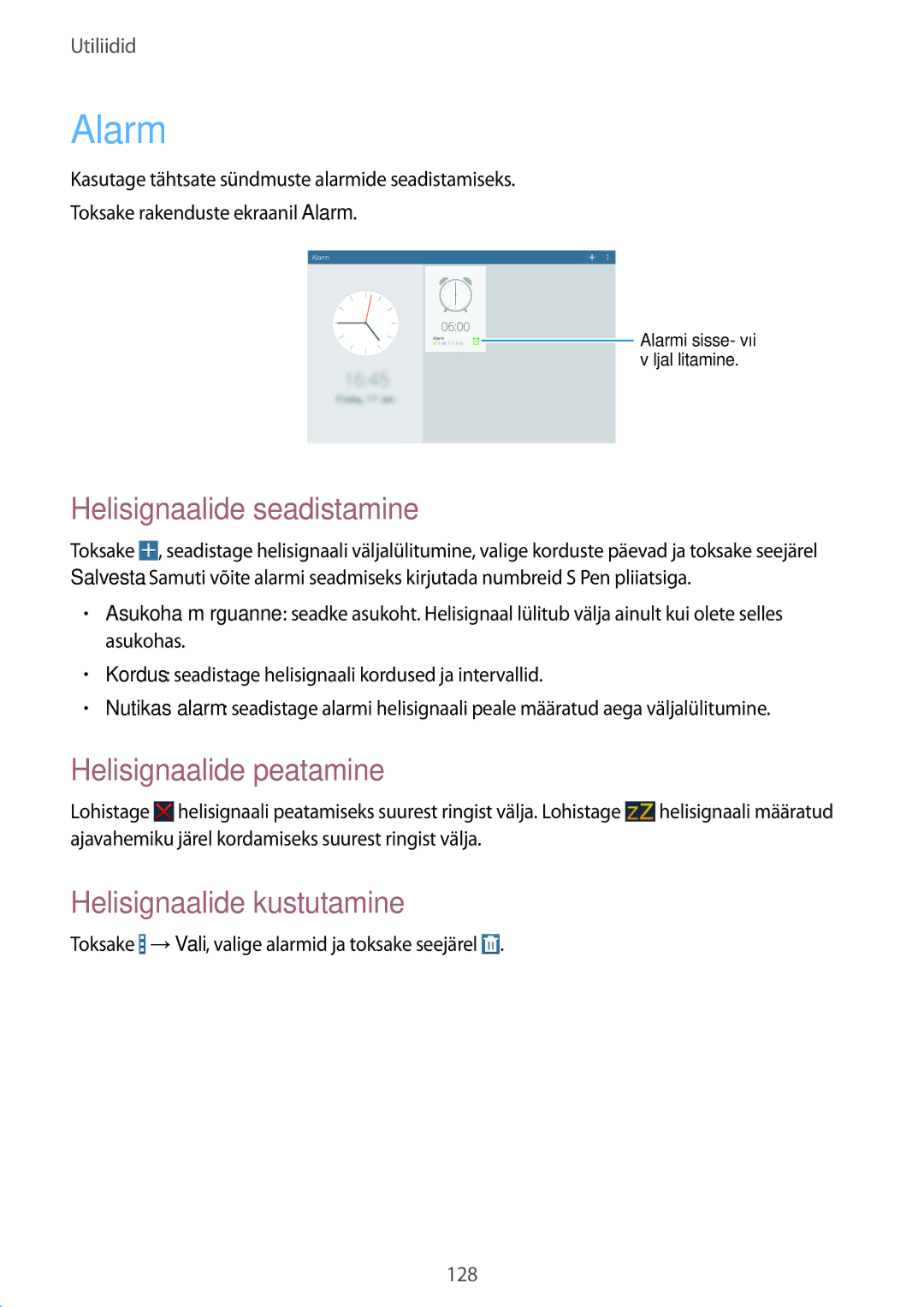 Samsung SM-P9000ZKASEB manual Alarm, Helisignaalide seadistamine, Helisignaalide peatamine, Helisignaalide kustutamine 