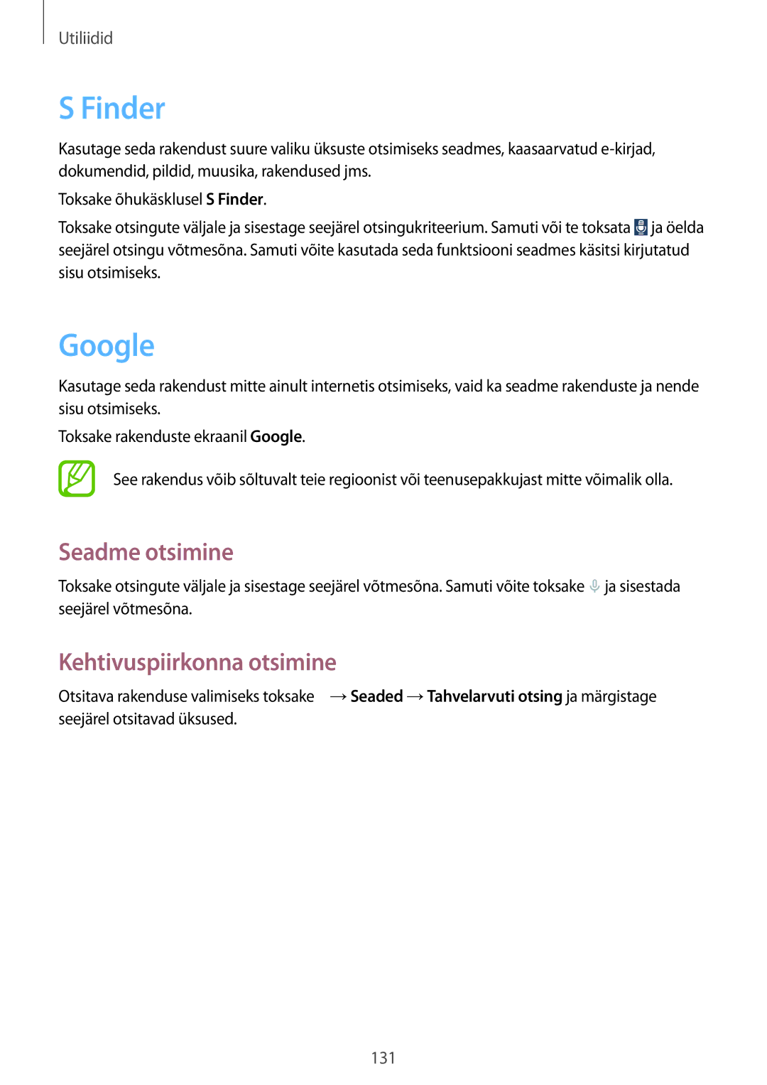 Samsung SM-P9000ZWASEB, SM-P9000ZKASEB manual Finder, Google, Seadme otsimine, Kehtivuspiirkonna otsimine 