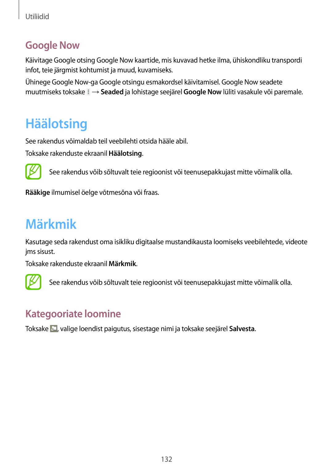 Samsung SM-P9000ZKASEB, SM-P9000ZWASEB manual Häälotsing, Märkmik, Google Now, Kategooriate loomine 