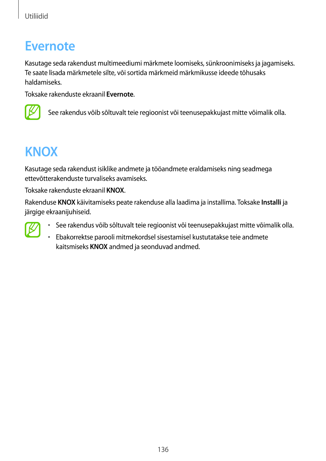 Samsung SM-P9000ZKASEB, SM-P9000ZWASEB manual Evernote, Knox 