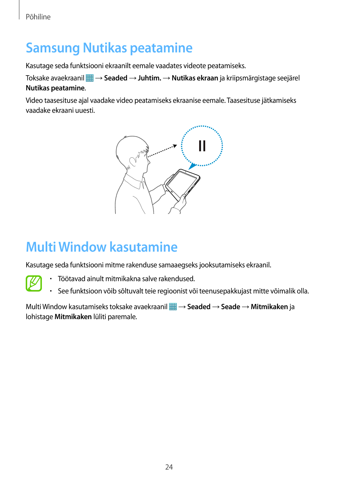 Samsung SM-P9000ZKASEB, SM-P9000ZWASEB manual Samsung Nutikas peatamine, Multi Window kasutamine 