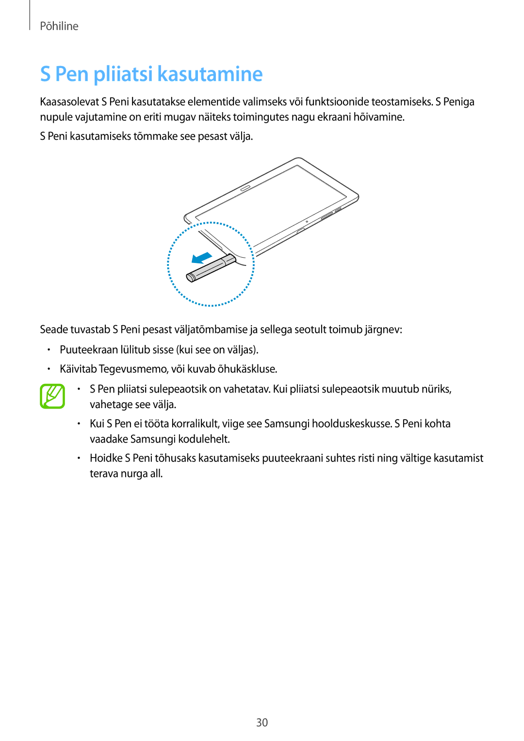 Samsung SM-P9000ZKASEB, SM-P9000ZWASEB manual Pen pliiatsi kasutamine 