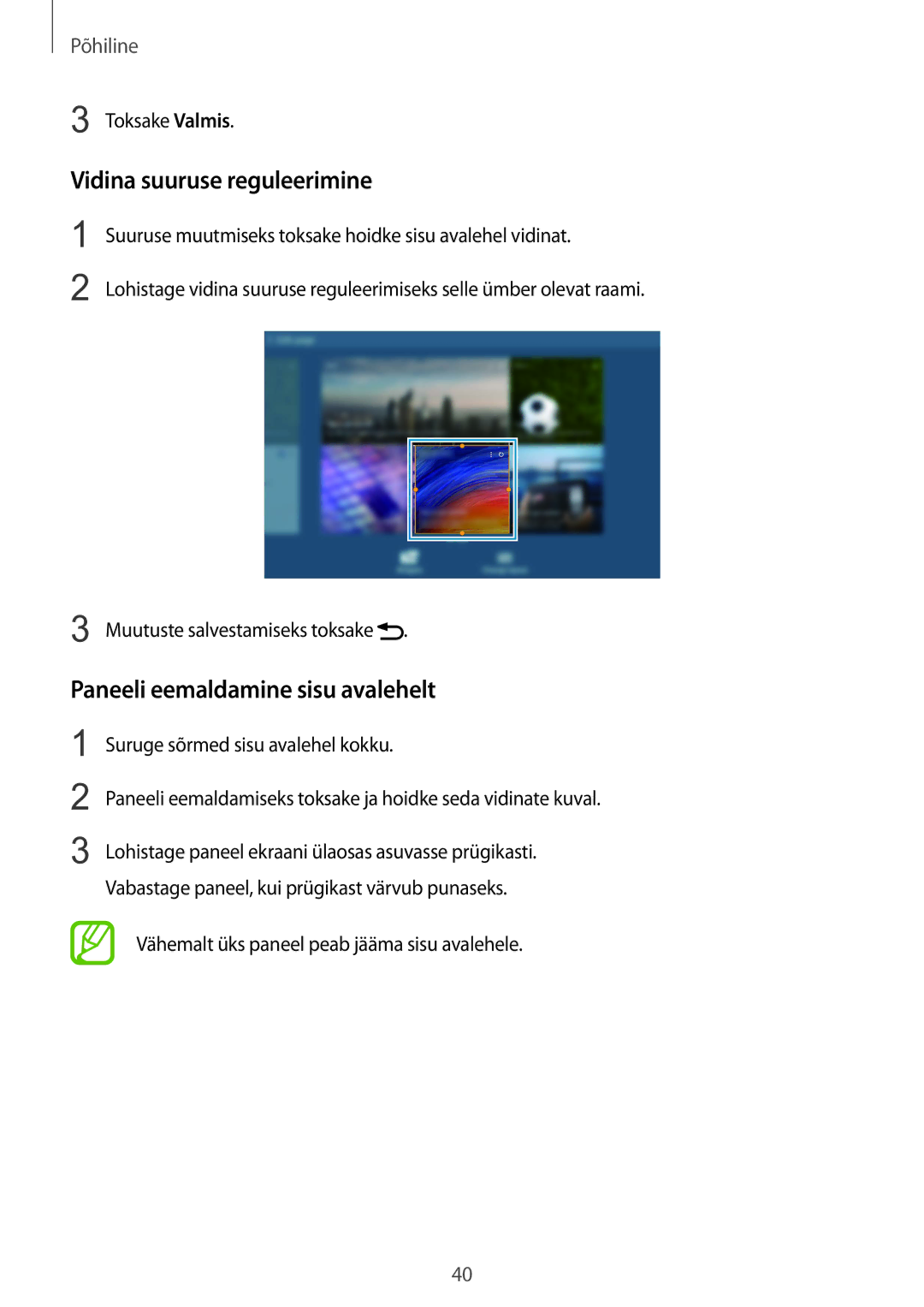 Samsung SM-P9000ZKASEB, SM-P9000ZWASEB manual Vidina suuruse reguleerimine, Paneeli eemaldamine sisu avalehelt 