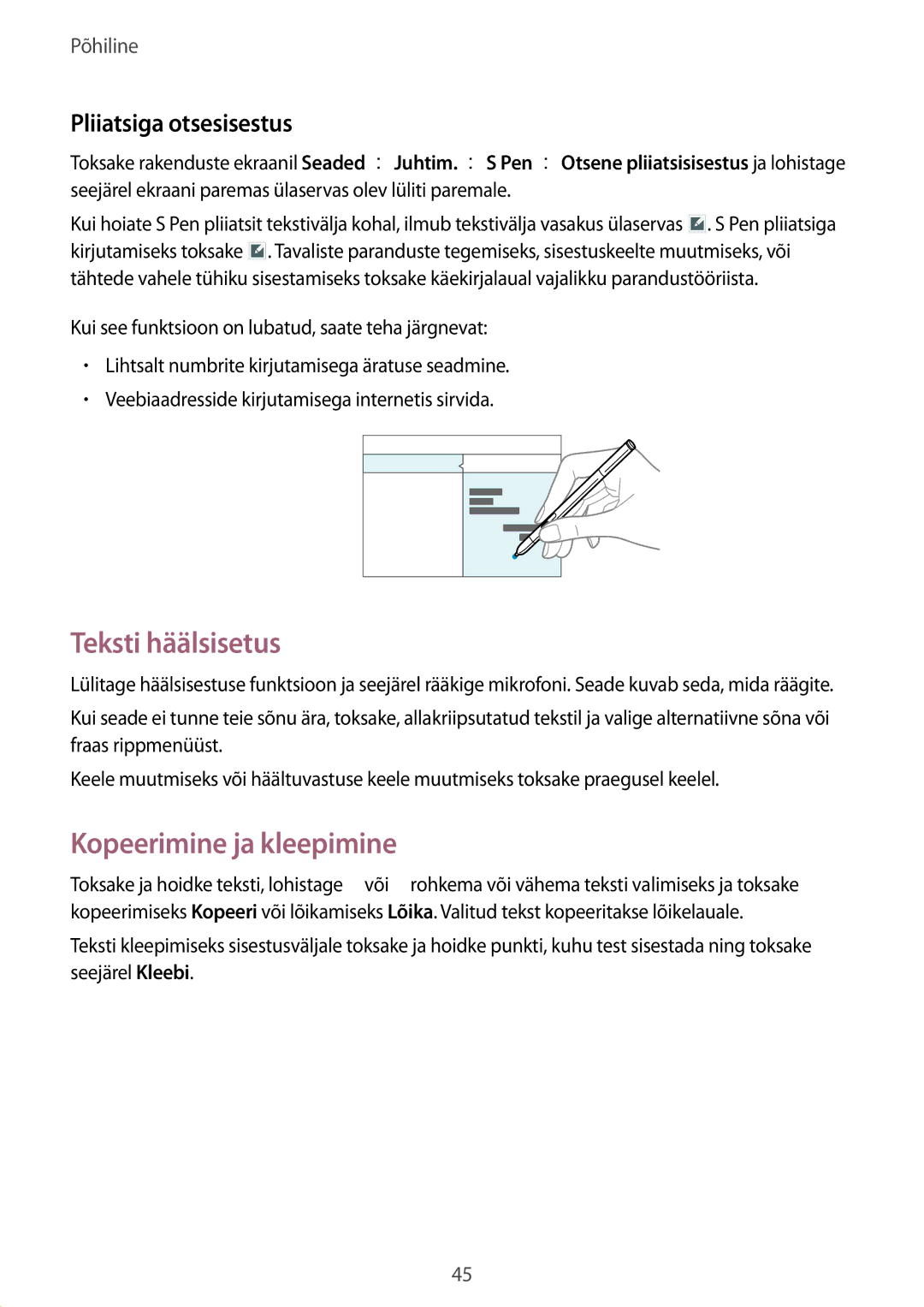 Samsung SM-P9000ZWASEB, SM-P9000ZKASEB manual Teksti häälsisetus, Kopeerimine ja kleepimine, Pliiatsiga otsesisestus 