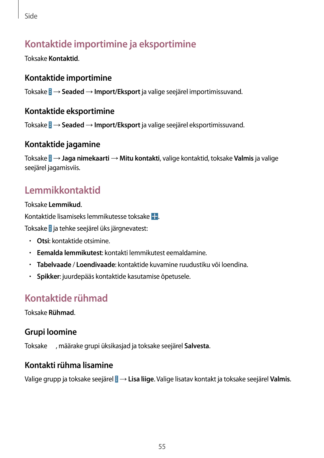 Samsung SM-P9000ZWASEB, SM-P9000ZKASEB manual Kontaktide importimine ja eksportimine, Lemmikkontaktid, Kontaktide rühmad 