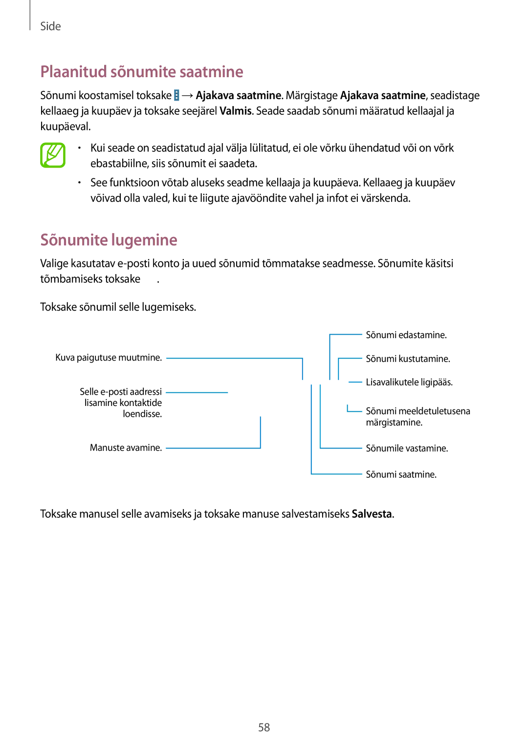 Samsung SM-P9000ZKASEB, SM-P9000ZWASEB manual Plaanitud sõnumite saatmine, Sõnumite lugemine 