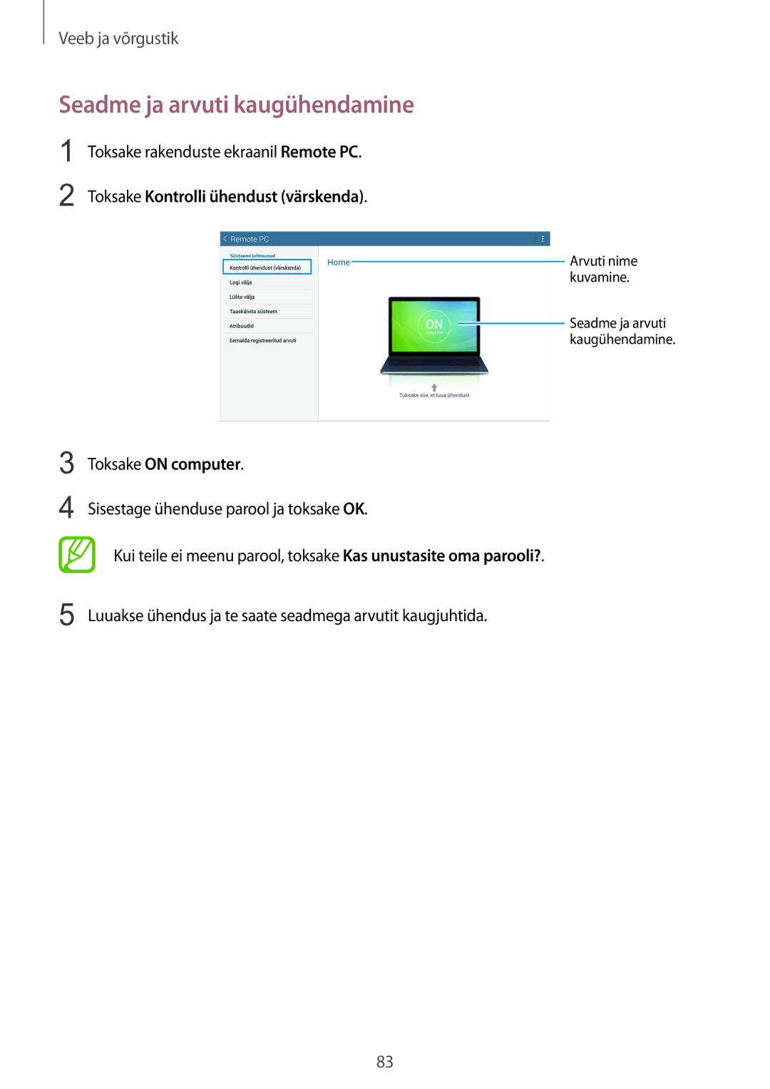 Samsung SM-P9000ZWASEB manual Seadme ja arvuti kaugühendamine, Toksake Kontrolli ühendust värskenda, Toksake on computer 