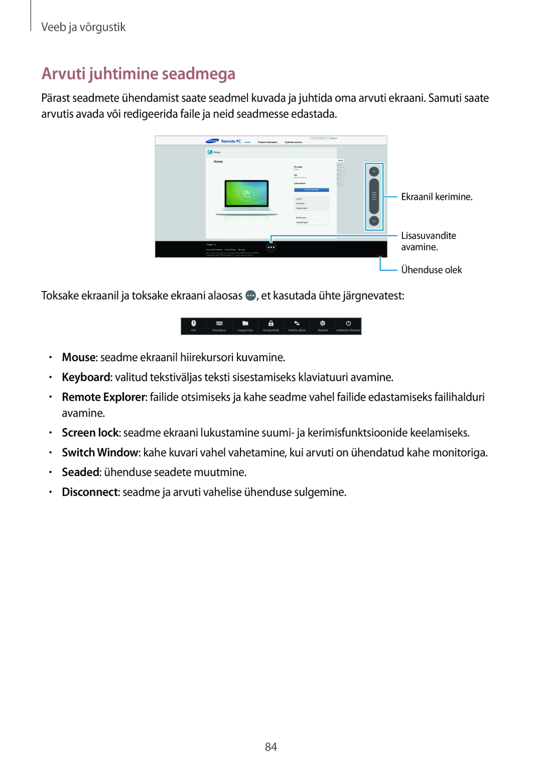 Samsung SM-P9000ZKASEB, SM-P9000ZWASEB manual Arvuti juhtimine seadmega 