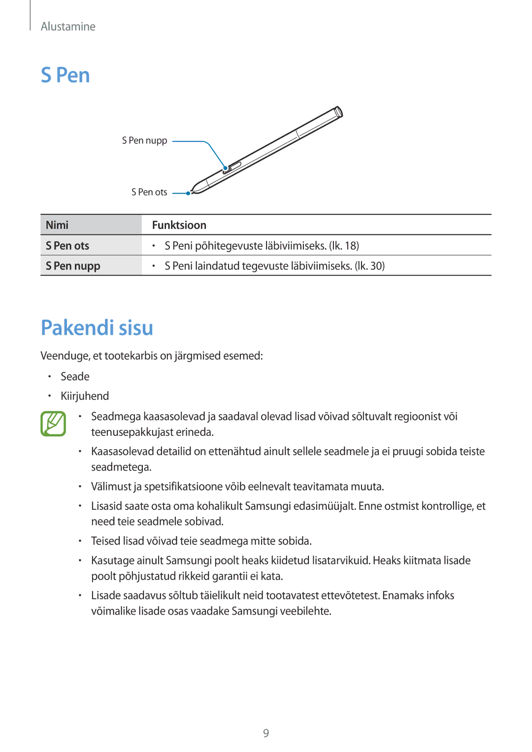 Samsung SM-P9000ZWASEB, SM-P9000ZKASEB manual Pen, Pakendi sisu 