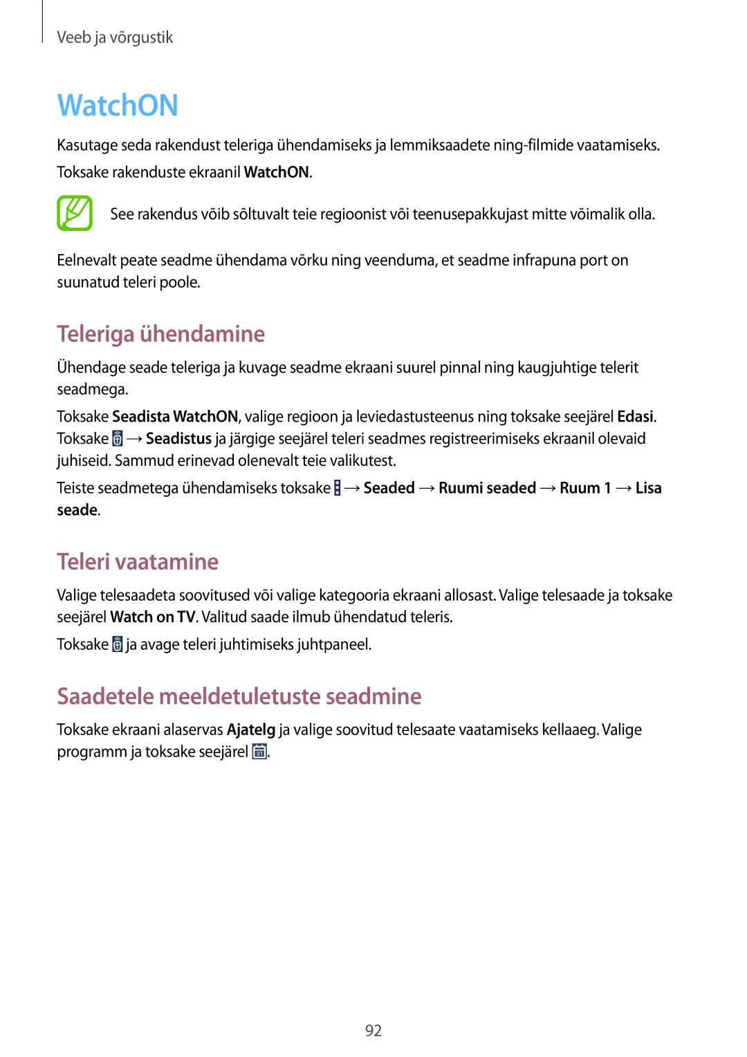 Samsung SM-P9000ZKASEB manual WatchON, Teleriga ühendamine, Teleri vaatamine, Saadetele meeldetuletuste seadmine, Seade 
