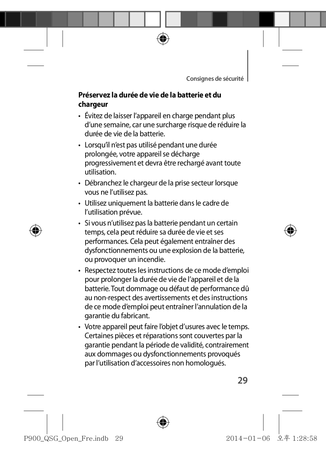 Samsung SM-P9000ZKAXEF, SM-P9000ZWAXEF manual Préservez la durée de vie de la batterie et du chargeur 