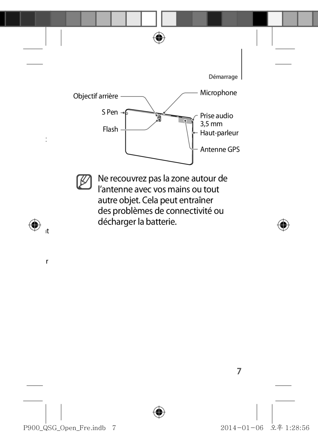 Samsung SM-P9000ZKAXEF, SM-P9000ZWAXEF manual Objectif arrière, Microphone Prise audio Mm Haut-parleur Antenne GPS 