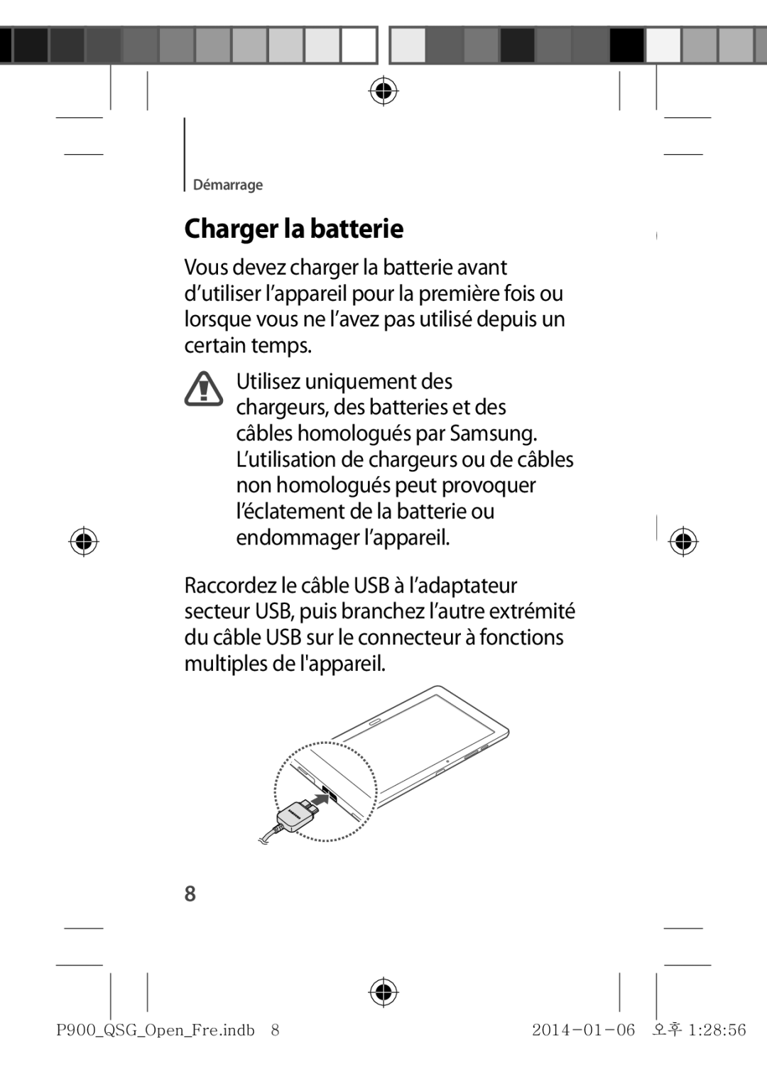 Samsung SM-P9000ZWAXEF, SM-P9000ZKAXEF manual Charger la batterie 