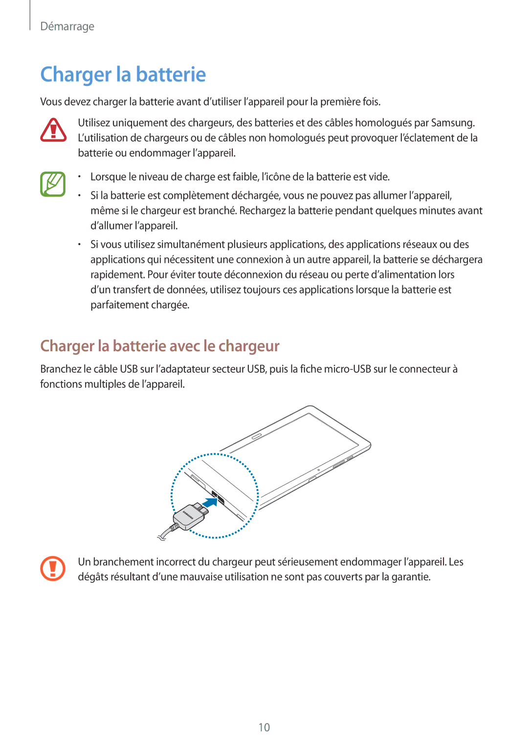 Samsung SM-P9000ZKAXEF, SM-P9000ZWAXEF manual Charger la batterie avec le chargeur 