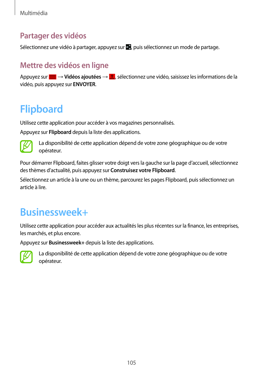 Samsung SM-P9000ZWAXEF, SM-P9000ZKAXEF manual Flipboard, Businessweek+, Mettre des vidéos en ligne 
