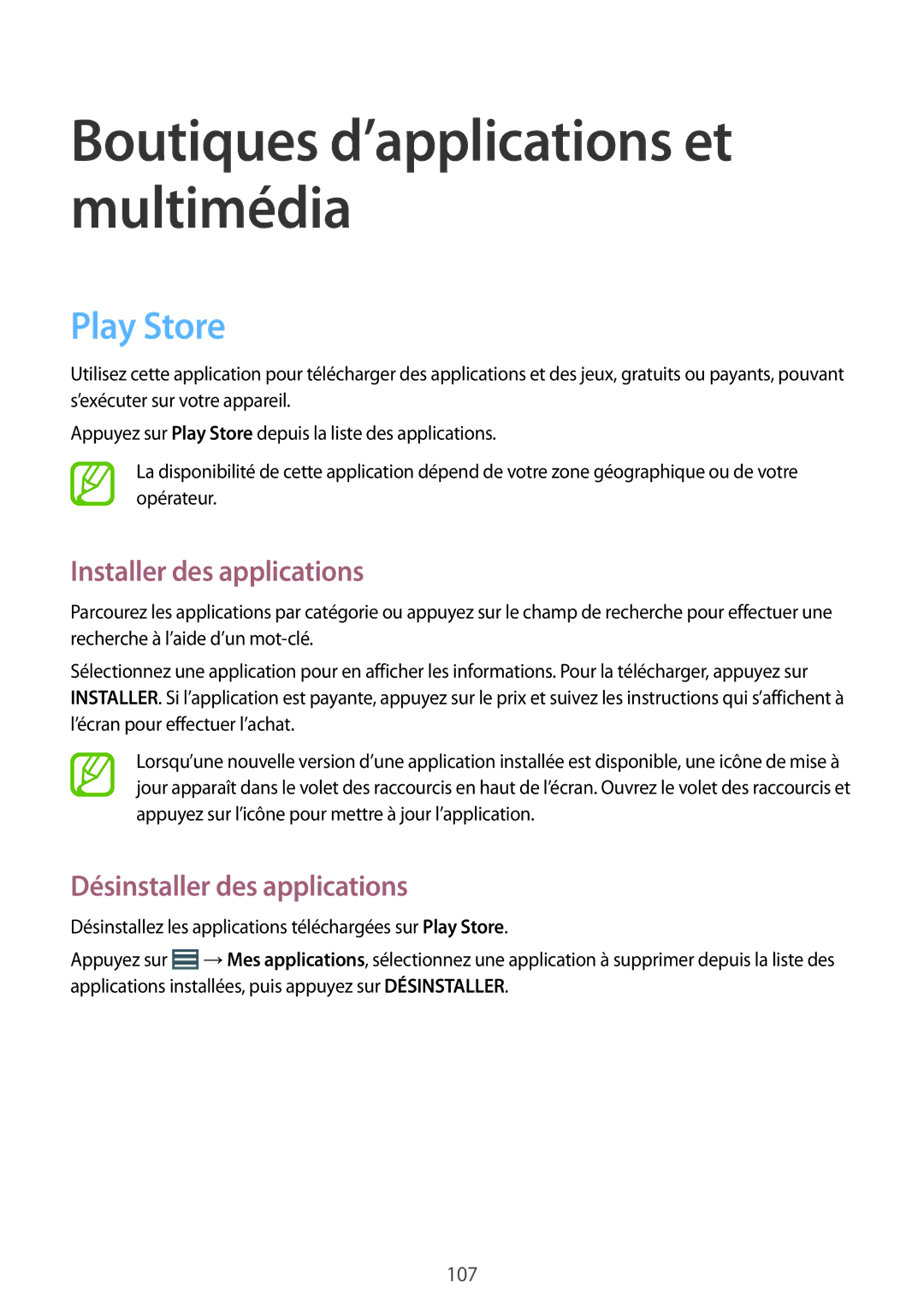 Samsung SM-P9000ZWAXEF, SM-P9000ZKAXEF manual Boutiques d’applications et multimédia, Play Store 