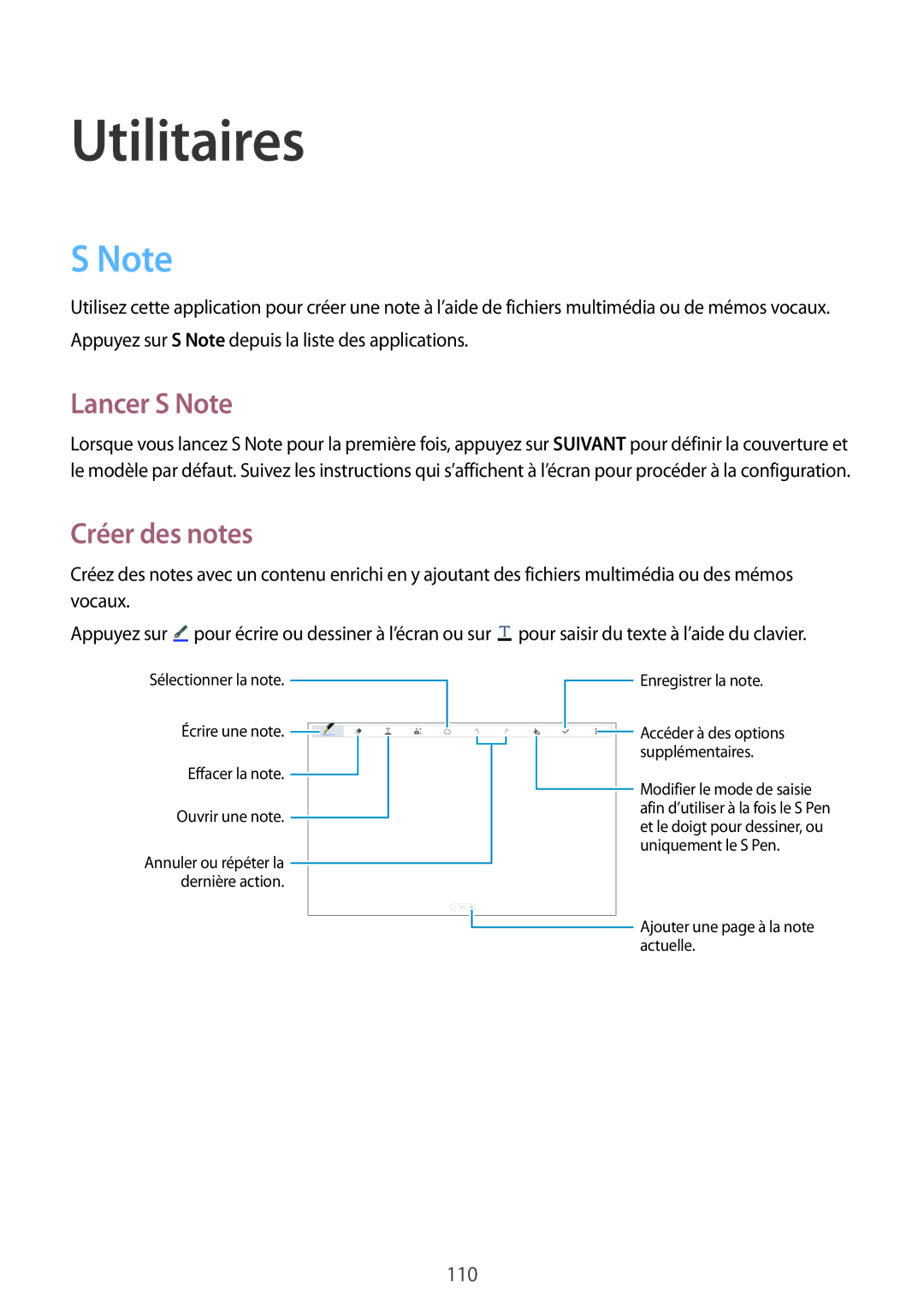 Samsung SM-P9000ZKAXEF, SM-P9000ZWAXEF manual Lancer S Note, Créer des notes 