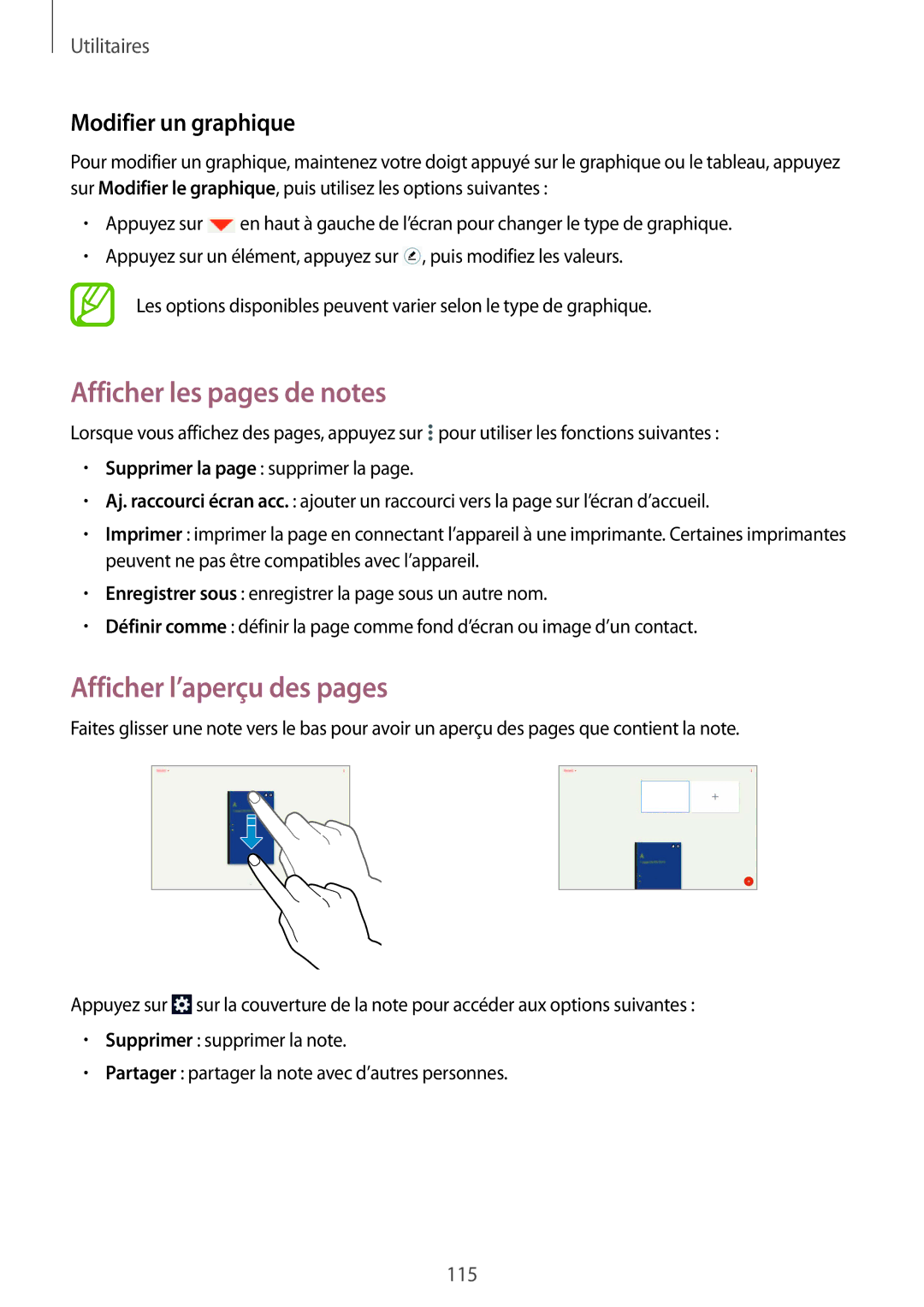 Samsung SM-P9000ZWAXEF, SM-P9000ZKAXEF Afficher les pages de notes, Afficher l’aperçu des pages, Modifier un graphique 