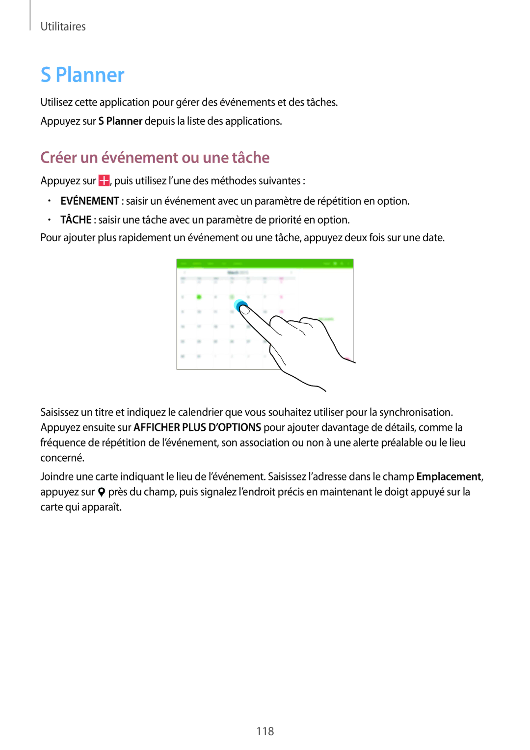 Samsung SM-P9000ZKAXEF, SM-P9000ZWAXEF manual Planner, Créer un événement ou une tâche 