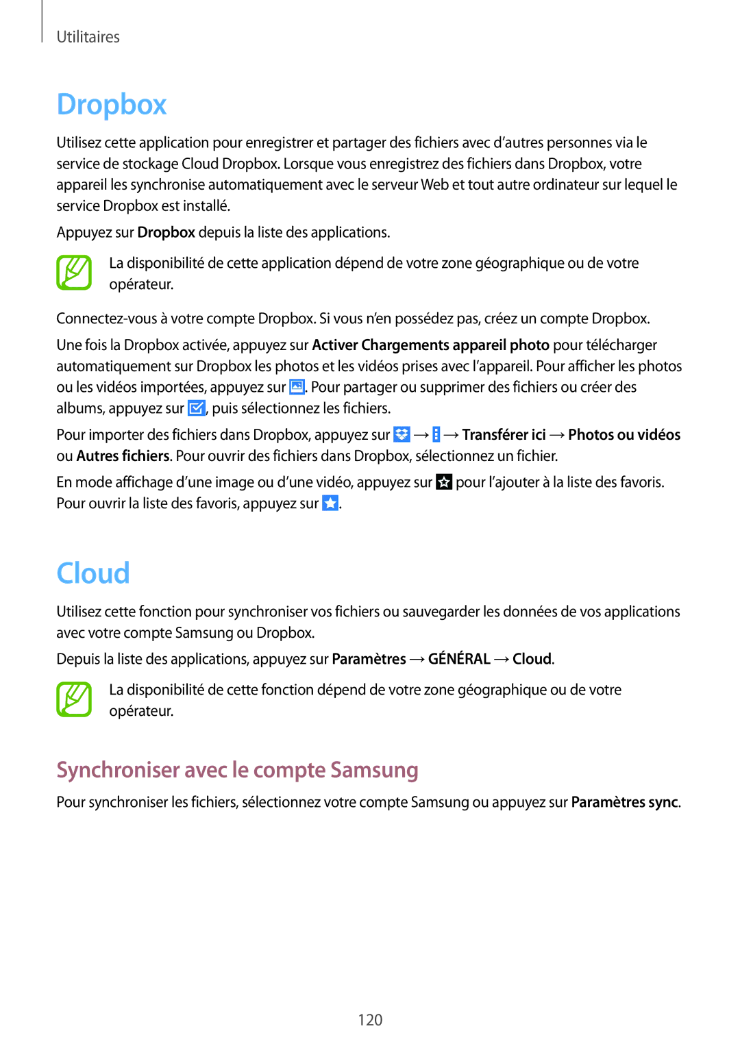 Samsung SM-P9000ZKAXEF, SM-P9000ZWAXEF manual Dropbox, Cloud, Synchroniser avec le compte Samsung 