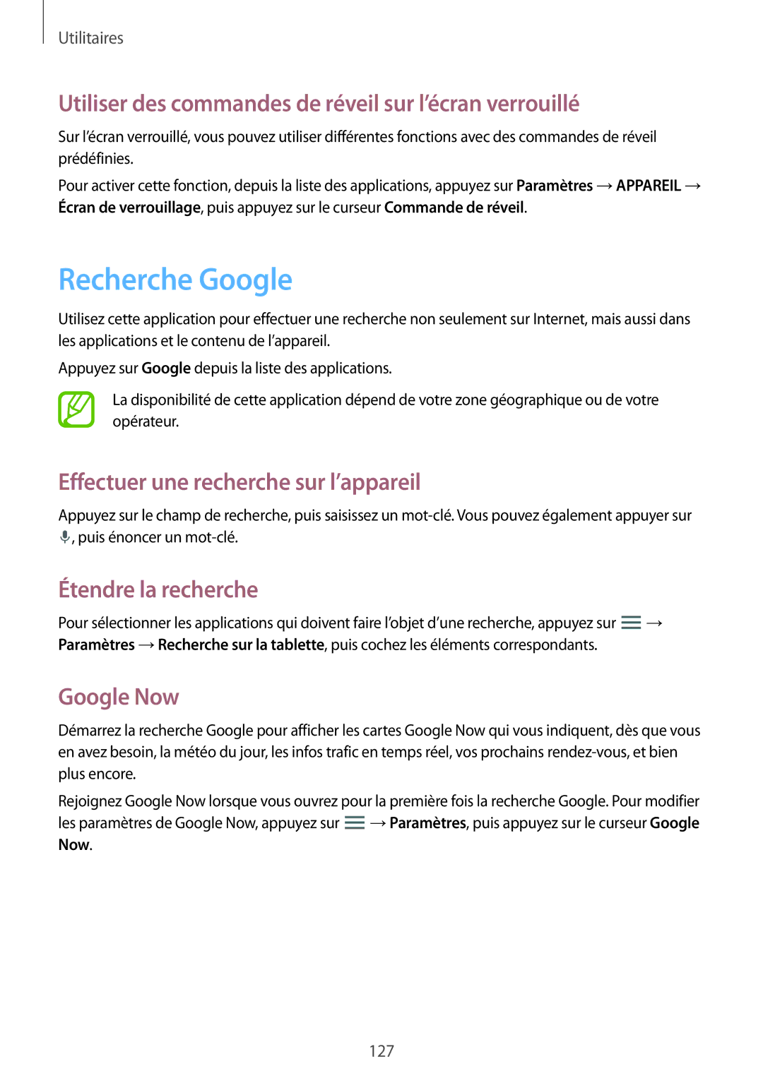 Samsung SM-P9000ZWAXEF Recherche Google, Utiliser des commandes de réveil sur l’écran verrouillé, Étendre la recherche 