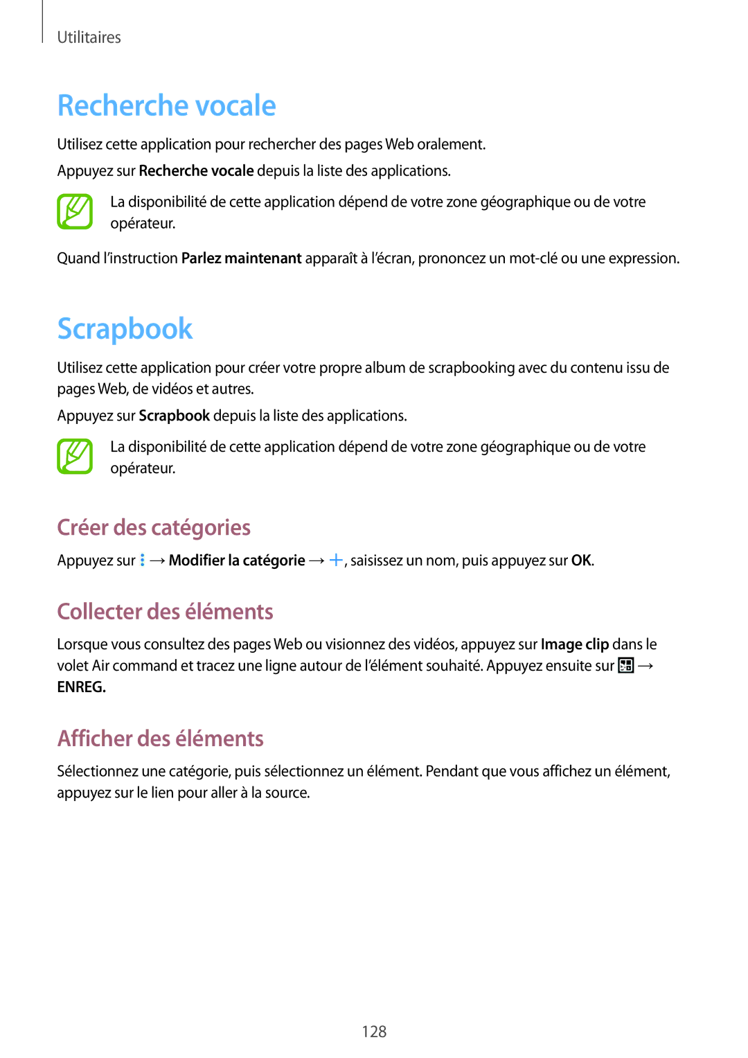 Samsung SM-P9000ZKAXEF Recherche vocale, Scrapbook, Créer des catégories, Collecter des éléments, Afficher des éléments 