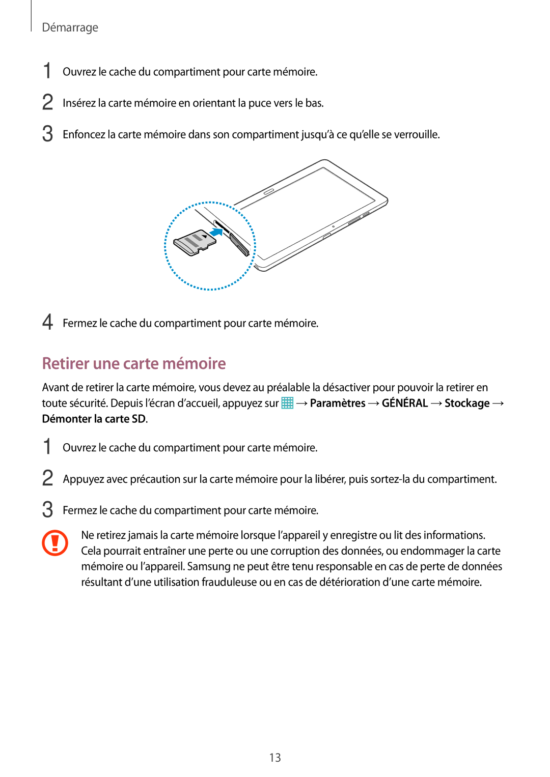 Samsung SM-P9000ZWAXEF, SM-P9000ZKAXEF manual Retirer une carte mémoire 