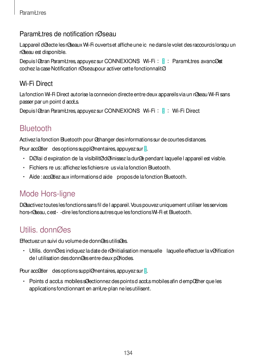 Samsung SM-P9000ZKAXEF manual Bluetooth, Mode Hors-ligne, Utilis. données, Paramètres de notification réseau, Wi-Fi Direct 
