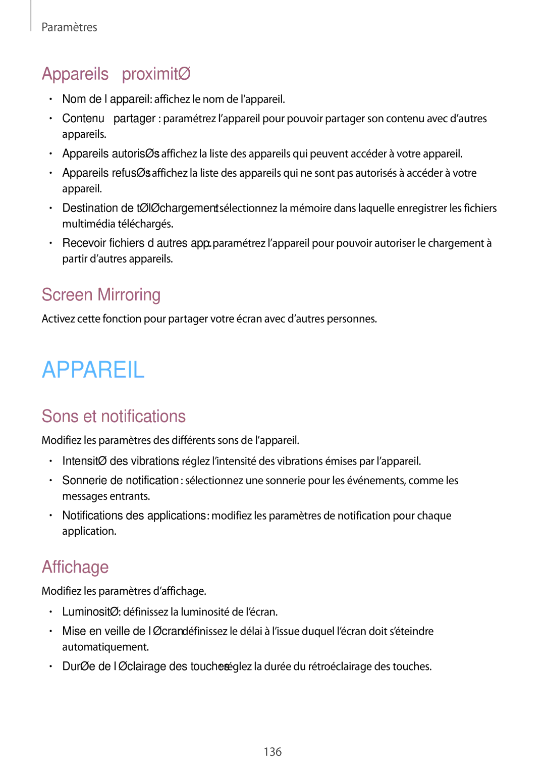 Samsung SM-P9000ZKAXEF, SM-P9000ZWAXEF manual Appareils à proximité, Screen Mirroring, Sons et notifications, Affichage 