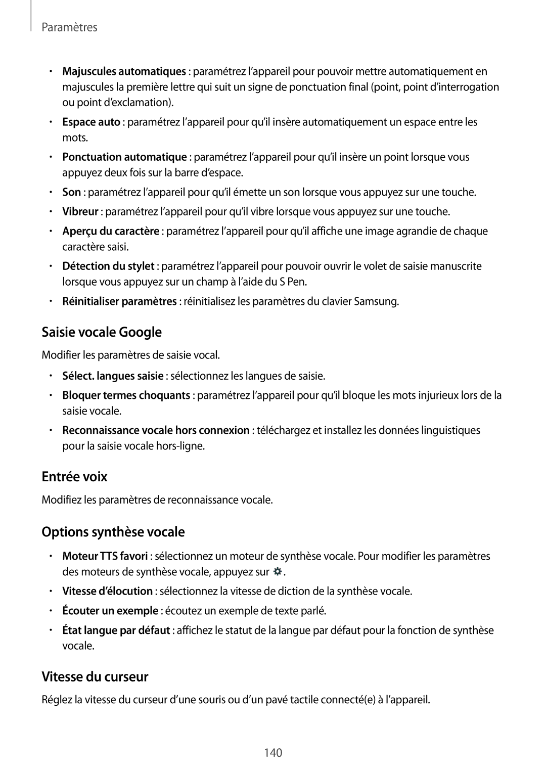 Samsung SM-P9000ZKAXEF, SM-P9000ZWAXEF manual Saisie vocale Google, Entrée voix, Options synthèse vocale, Vitesse du curseur 